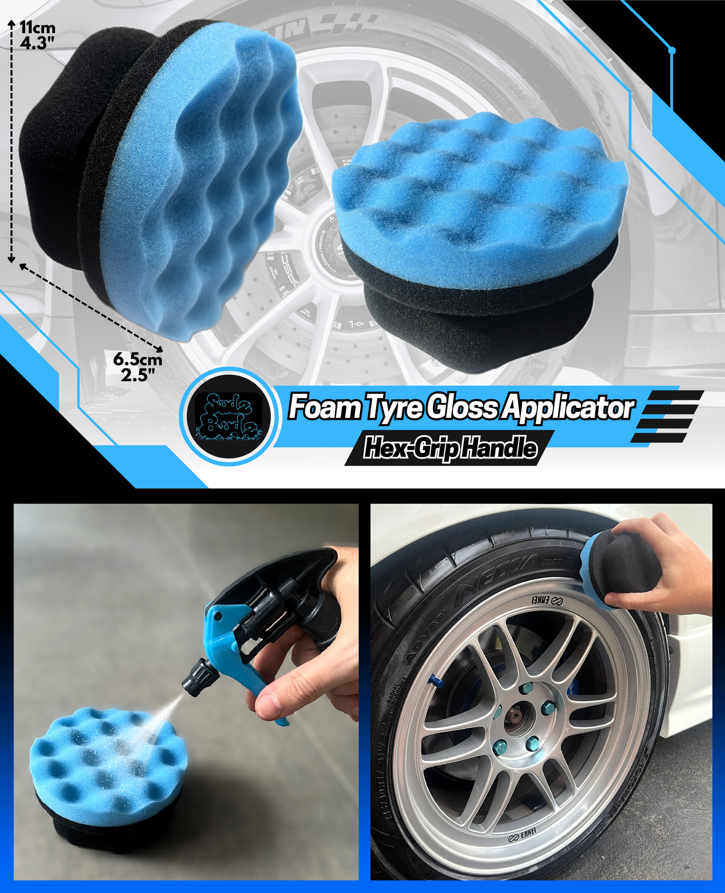 Sudz Budz® Deluxe Wheel Cleaning Set of 6 | No-Scratch, Bendable, Rim Washing Brushes Long/Short, Car Detailing and Tyre Brush, Shine Applicator, Plush Drying Towel. Easy Reach Kit to Detail Wheels