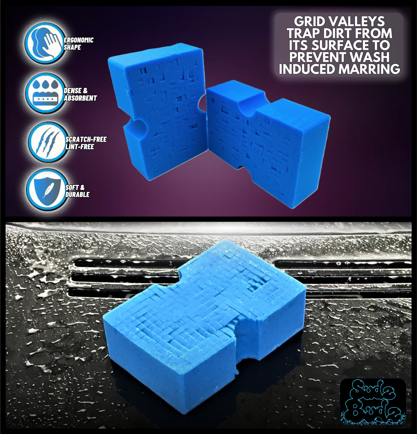 Sudz Budz® Premium Jumbo Foam Grid Car Wash Sponge 1pc | Anti-Marring Sponge for Soap and Rinseless Washing | Cross-Cut, Easy Grip, Large Sponge | Durable, Soft, Scratch-Free Car Cleaning and Detailing