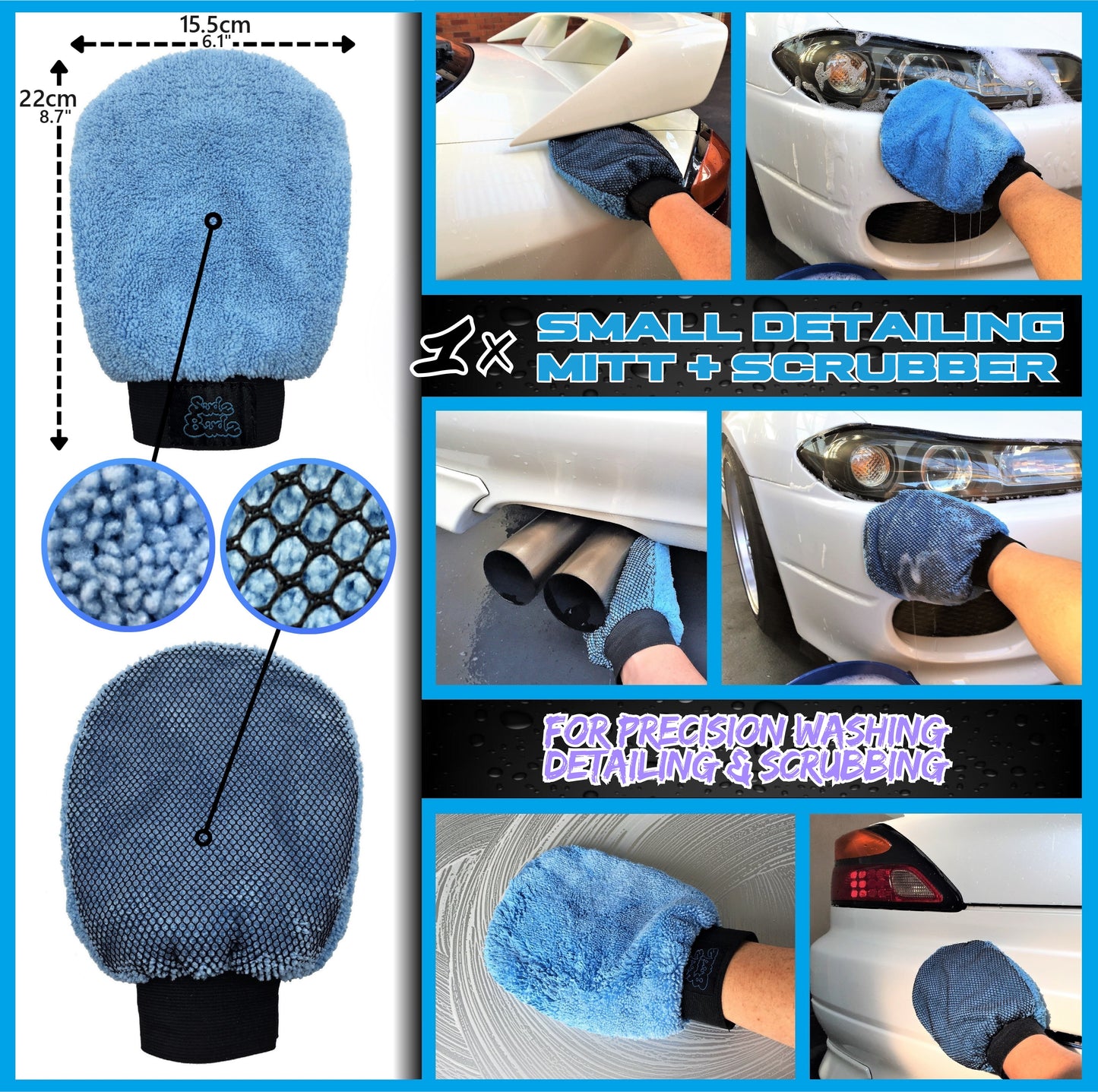 Sudz Budz® Premium Car Wash Kit 8pcs | Washing and Detailing Mitts, Microfibre Towels Set, Wheel Cleaning Brush, Detailing Brushes. Professional Detail Accessories for Exterior and Interior Car Care