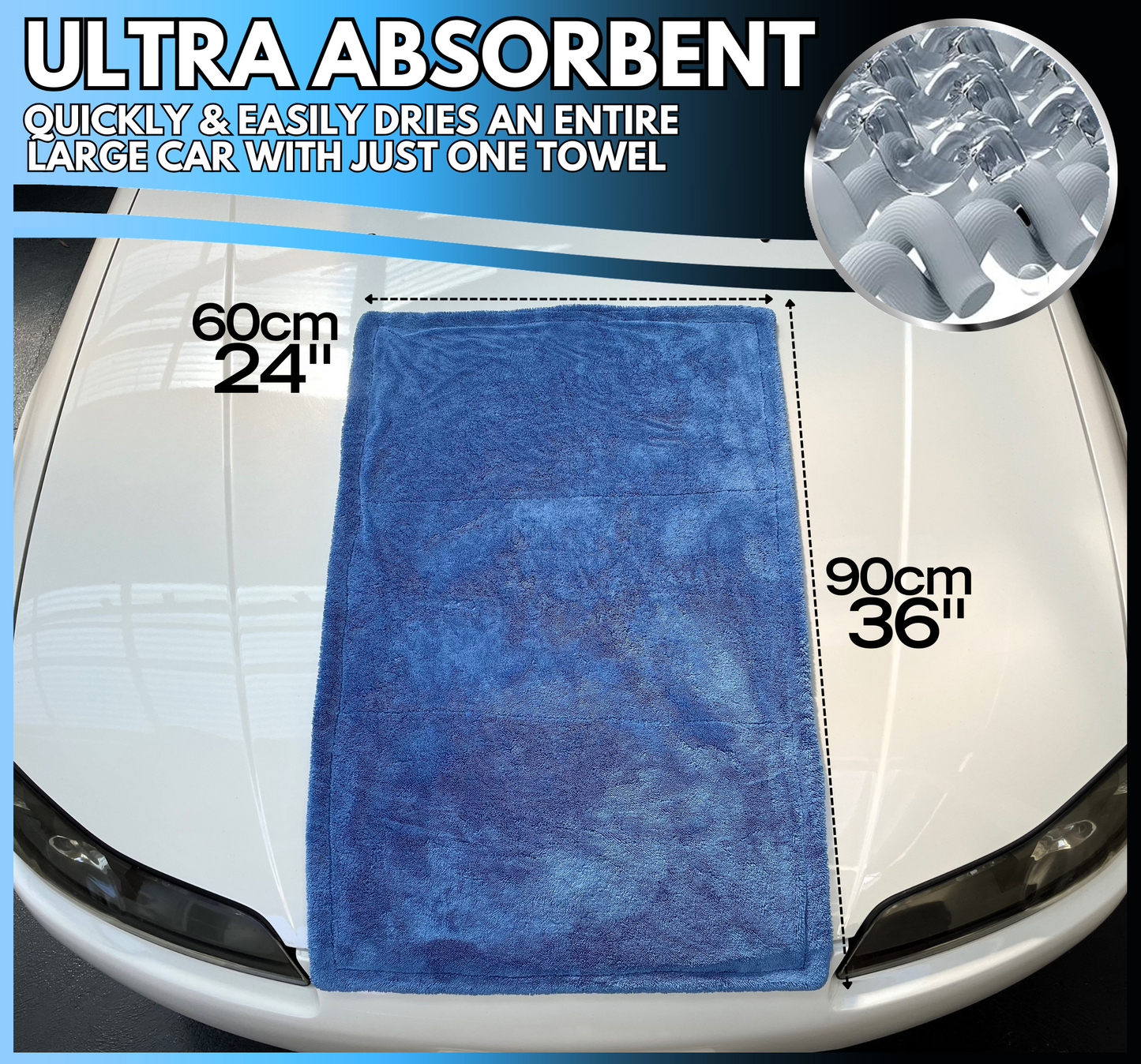 Sudz Budz® Premium Twisted Loop Microfibre Car Drying Towel XXL 1200GSM | 90 x 60cm Fast Streak-Free Drying, Ultra-Soft, Super Absorbent Cleaning Cloth | Thick, Dual-Sided, Edgeless, No Scratch Towel