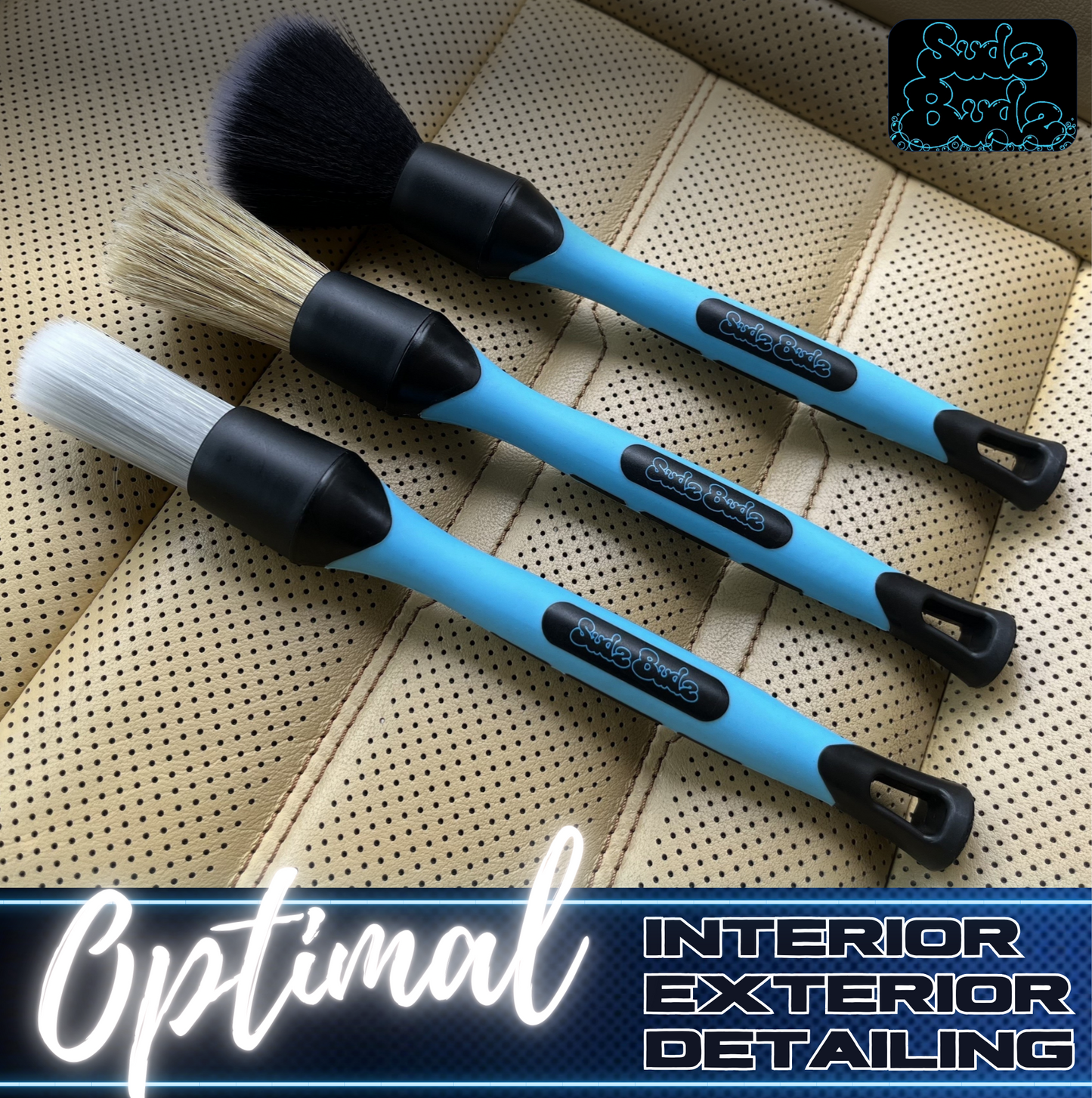 Sudz Budz® Car Detailing Brushes Set of 3 | Mixed Ultra-Soft Bristles, Changeable Brush Heads, Elbow Adapter | No Scratch Cleaning for Interior, Exterior, Dashboard, Engine Bay, Vents, Leather, Wheels