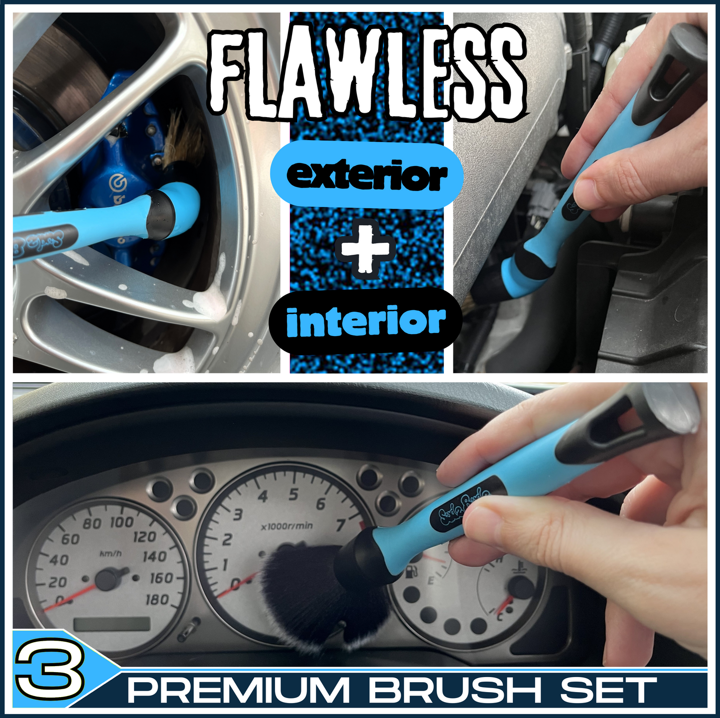 Sudz Budz® Car Detailing Brushes Set of 3 | Mixed Ultra-Soft Bristles, Changeable Brush Heads, Elbow Adapter | No Scratch Cleaning for Interior, Exterior, Dashboard, Engine Bay, Vents, Leather, Wheels