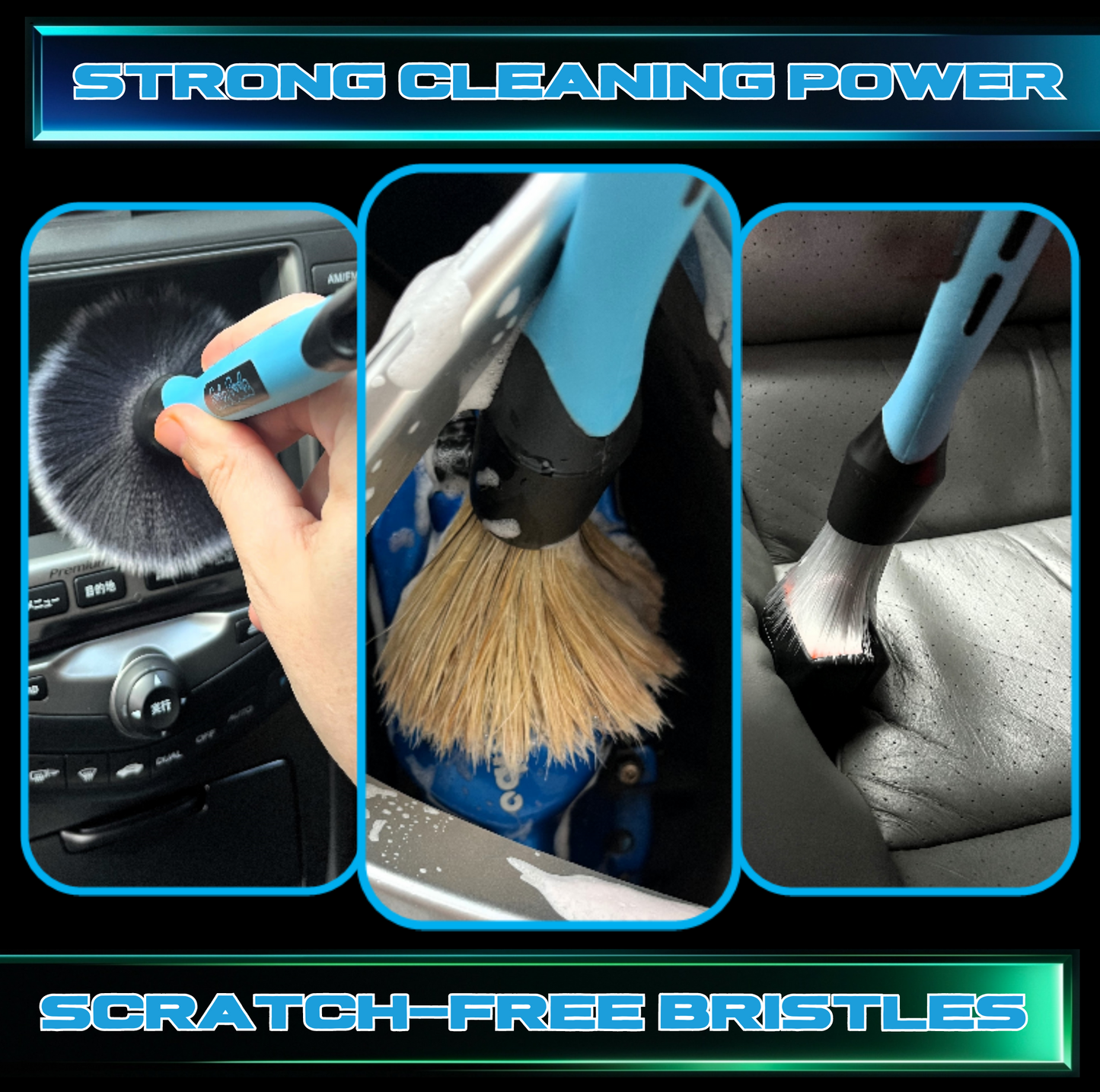 Sudz Budz® Car Detailing Brushes Set of 3 | Mixed Ultra-Soft Bristles, Changeable Brush Heads, Elbow Adapter | No Scratch Cleaning for Interior, Exterior, Dashboard, Engine Bay, Vents, Leather, Wheels