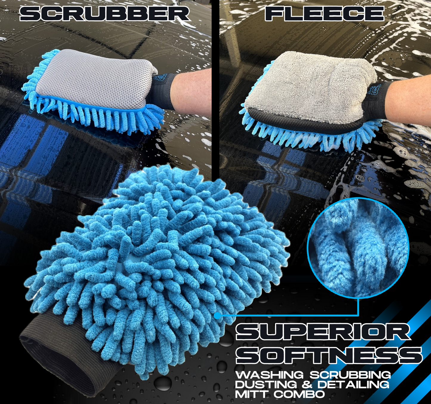 Sudz Budz® Premium Microfibre Chenille Car Washing Mitt 2 Pack | 2-in-1 Double-Sided Scrubber and Fleece Mitts. Soft, Durable, No Scratch, Lint-Free Washing and Detailing for Exterior Car Care