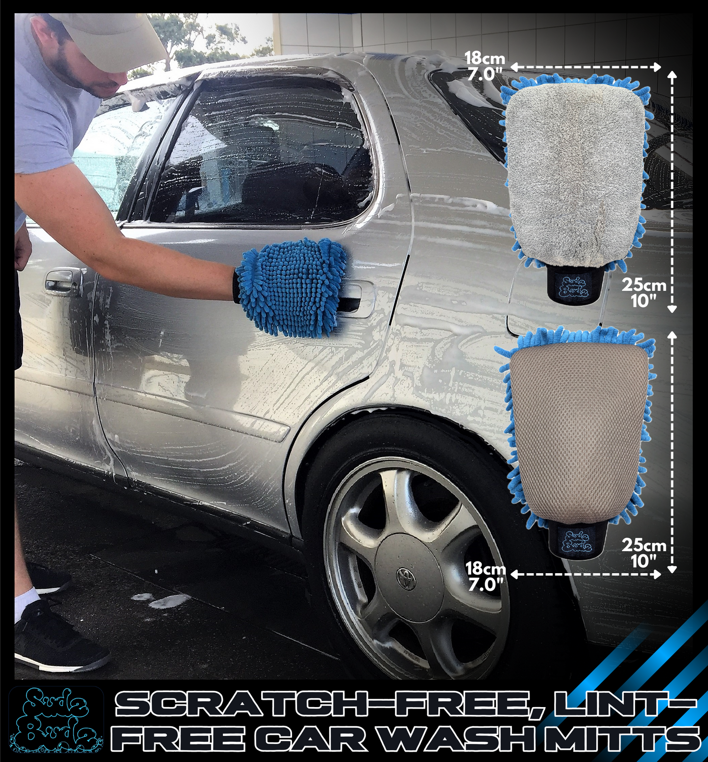 Sudz Budz® Premium Microfibre Chenille Car Washing Mitt 2 Pack | 2-in-1 Double-Sided Scrubber and Fleece Mitts. Soft, Durable, No Scratch, Lint-Free Washing and Detailing for Exterior Car Care