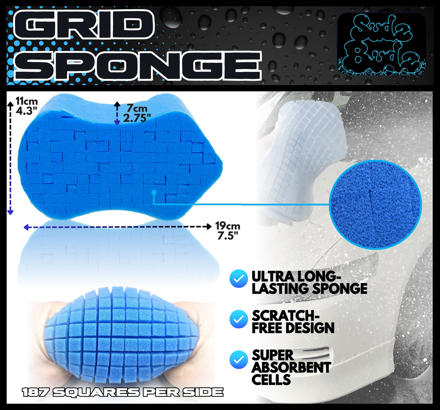 Sudz Budz® Premium Foam Ergonomic Grid Car Wash Sponge 1pc | Anti-Marring Sponge for Soap and Rinseless Washing | Cross-Cut, Easy Grip, Large Sponge. Durable, Soft, Scratch-Free Car Cleaning and Detailing