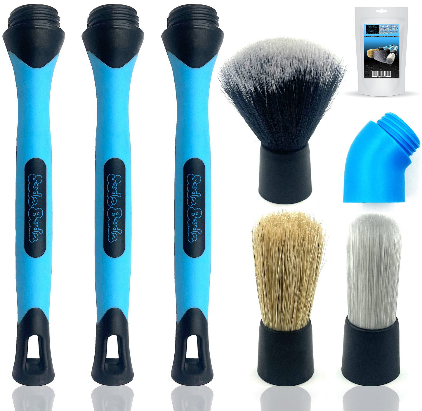 Sudz Budz® Car Detailing Brushes Set of 3 | Mixed Ultra-Soft Bristles, Changeable Brush Heads, Elbow Adapter | No Scratch Cleaning for Interior, Exterior, Dashboard, Engine Bay, Vents, Leather, Wheels