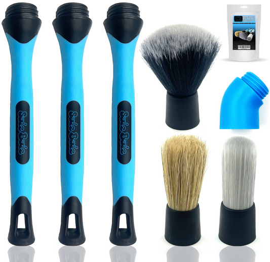 Sudz Budz® Car Detailing Brushes Set of 3 | Mixed Ultra-Soft Bristles, Changeable Brush Heads, Elbow Adapter | No Scratch Cleaning for Interior, Exterior, Dashboard, Engine Bay, Vents, Leather, Wheels