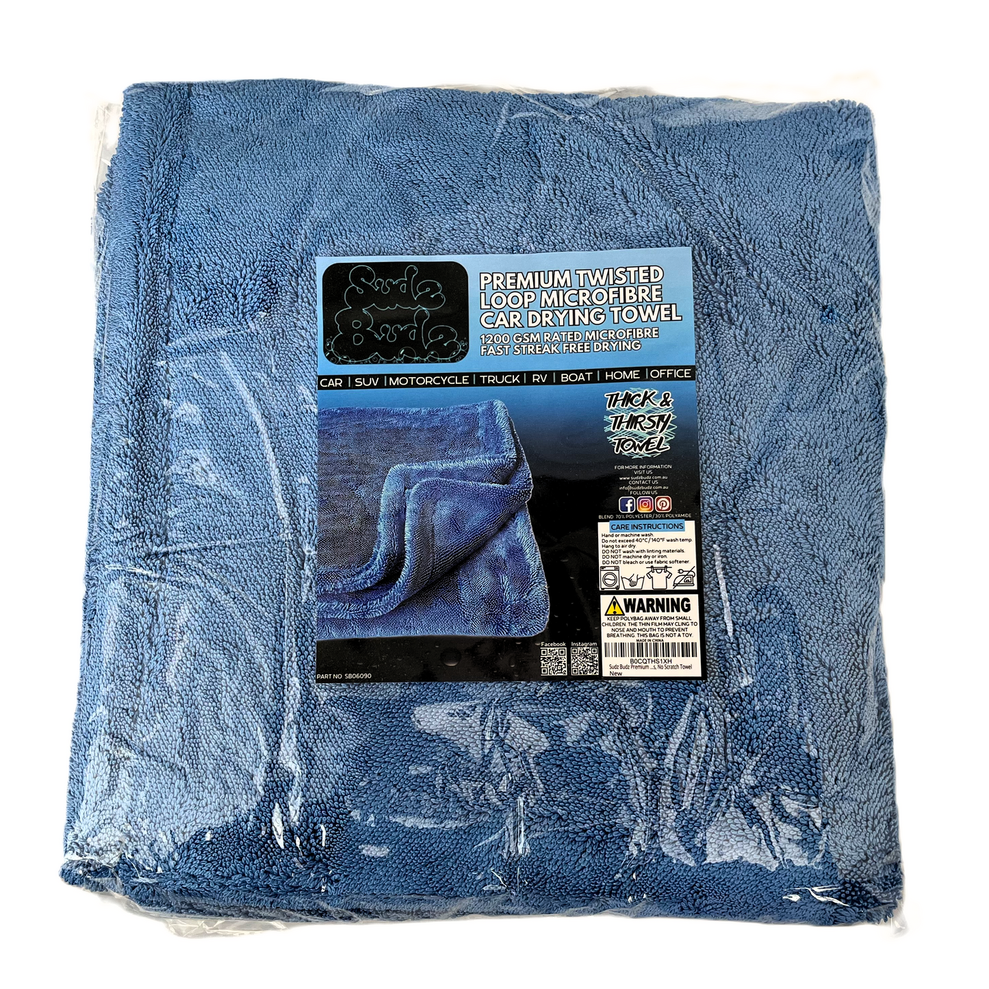 Sudz Budz® Premium Twisted Loop Microfibre Car Drying Towel XXL 1200GSM | 90 x 60cm Fast Streak-Free Drying, Ultra-Soft, Super Absorbent Cleaning Cloth | Thick, Dual-Sided, Edgeless, No Scratch Towel