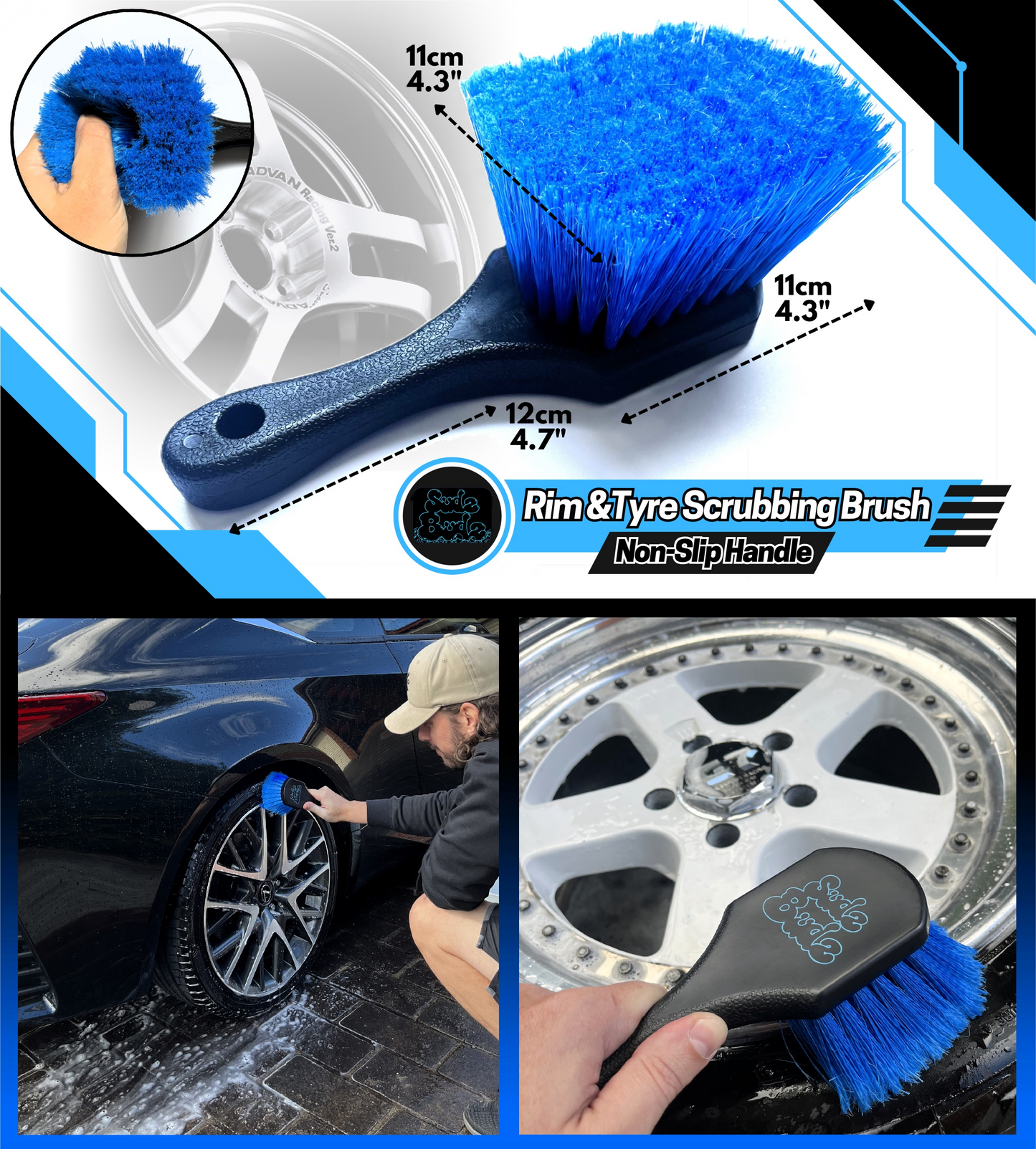 Sudz Budz® Deluxe Wheel Cleaning Set of 6 | No-Scratch, Bendable, Rim Washing Brushes Long/Short, Car Detailing and Tyre Brush, Shine Applicator, Plush Drying Towel. Easy Reach Kit to Detail Wheels