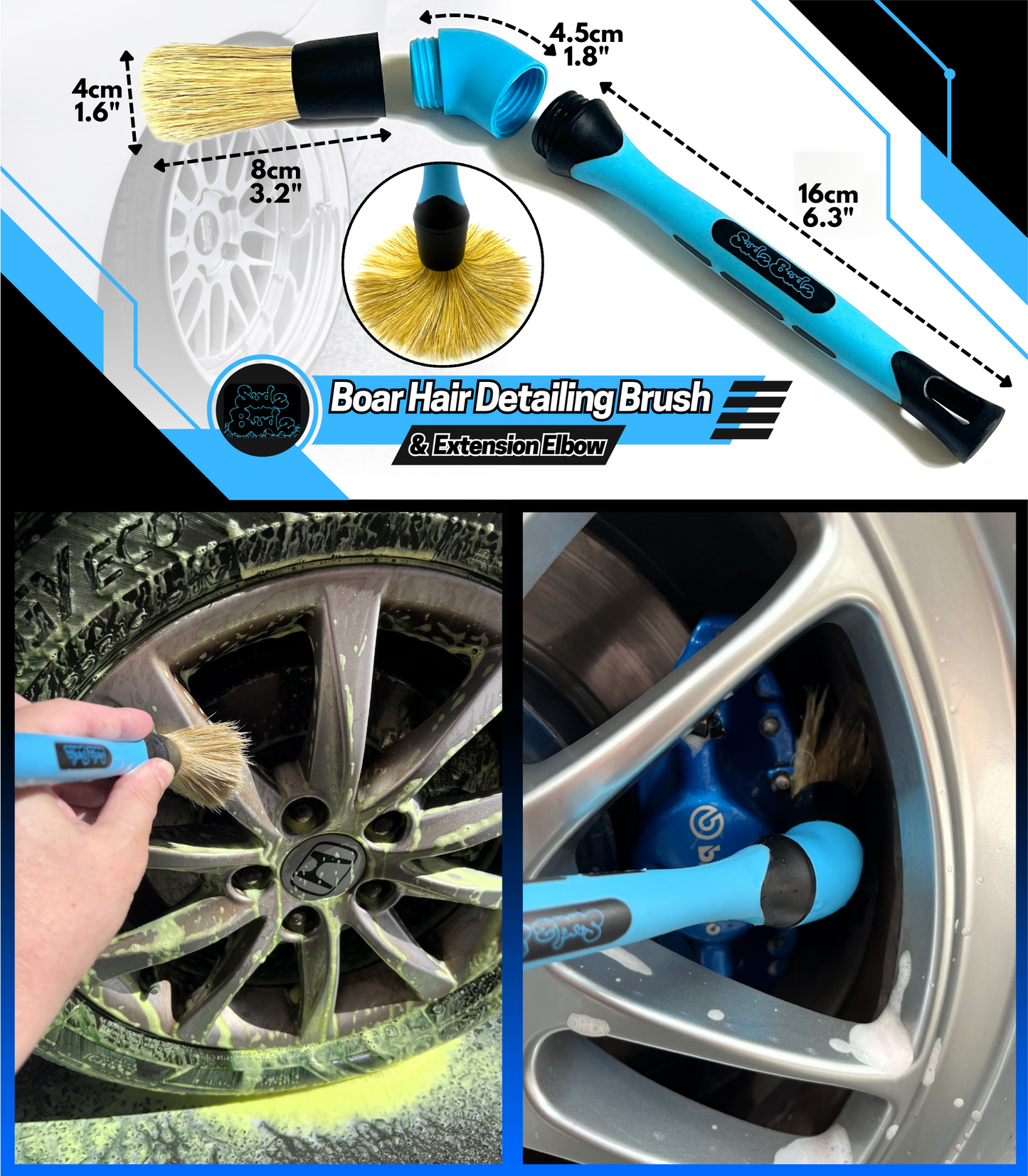 Sudz Budz® Deluxe Wheel Cleaning Set of 6 | No-Scratch, Bendable, Rim Washing Brushes Long/Short, Car Detailing and Tyre Brush, Shine Applicator, Plush Drying Towel. Easy Reach Kit to Detail Wheels