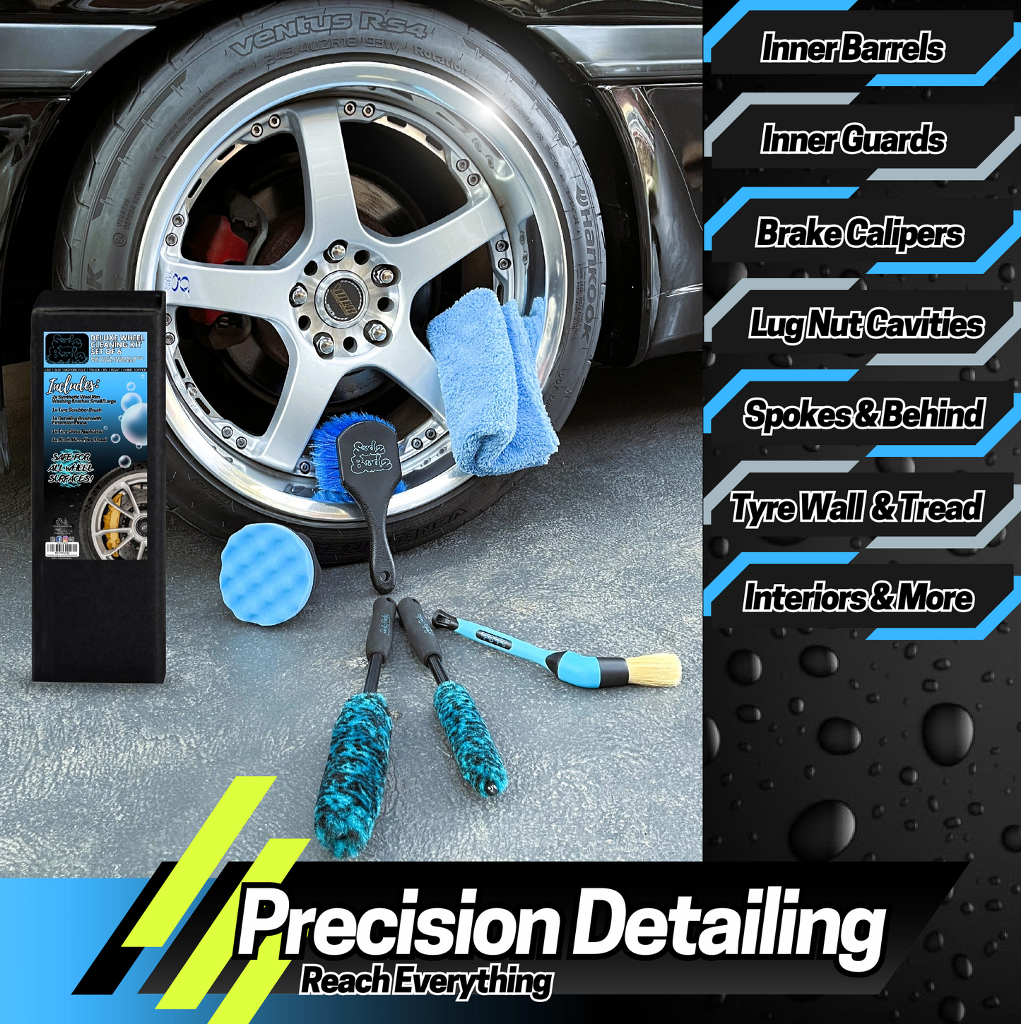 Sudz Budz® Deluxe Wheel Cleaning Set of 6 | No-Scratch, Bendable, Rim Washing Brushes Long/Short, Car Detailing and Tyre Brush, Shine Applicator, Plush Drying Towel. Easy Reach Kit to Detail Wheels