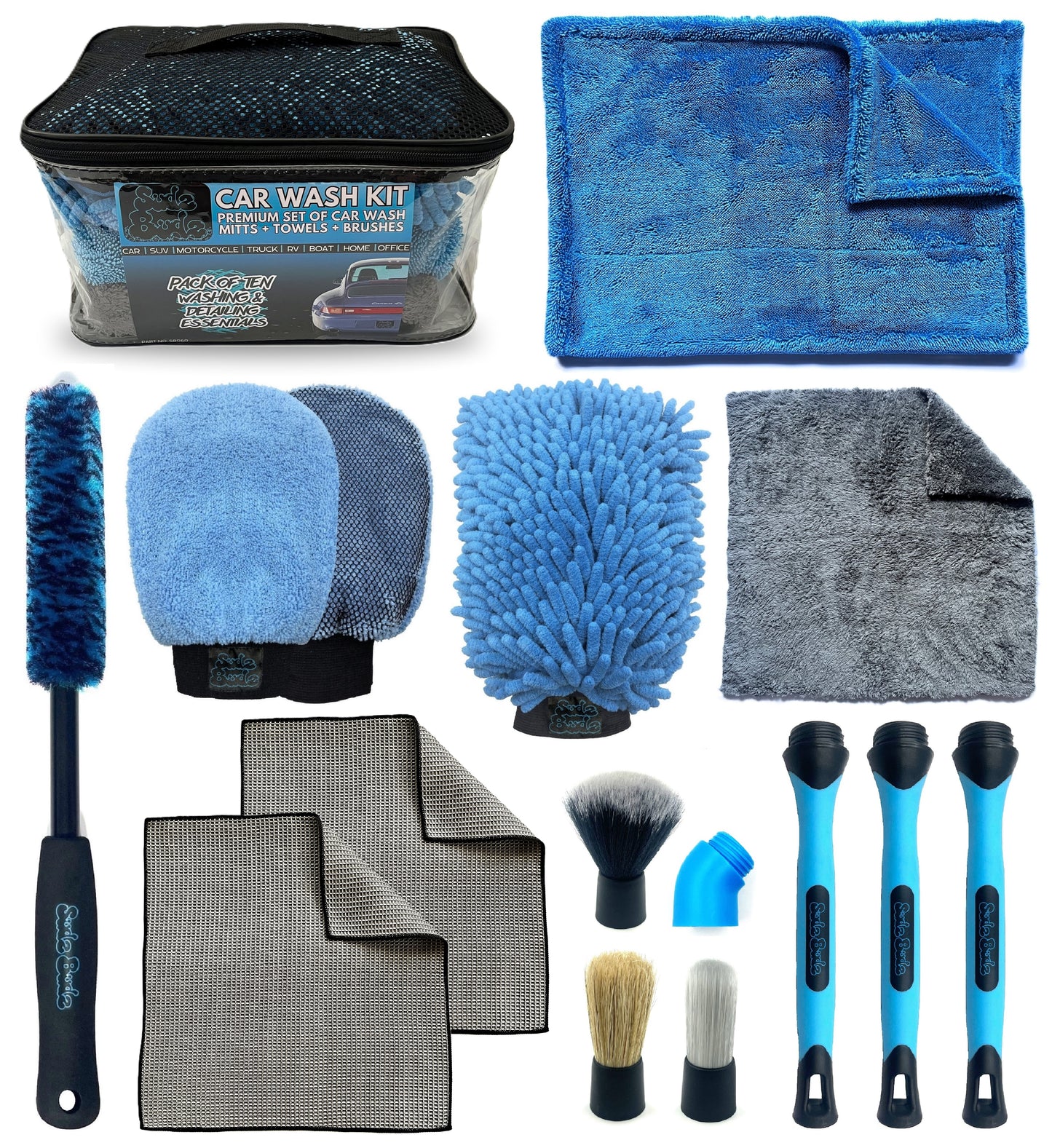 Sudz Budz® Premium Car Wash Kit 10pcs | Wash and Detail Mitt, Twisted Loop, Fluffy Towel, Glass Towel Set, Wheel and Detail Brush Set. Professional Cleaning Accessories for Exterior and Interior Car Care