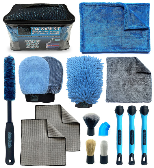 Sudz Budz® Premium Car Wash Kit 10pcs | Wash and Detail Mitt, Twisted Loop, Fluffy Towel, Glass Towel Set, Wheel and Detail Brush Set. Professional Cleaning Accessories for Exterior and Interior Car Care