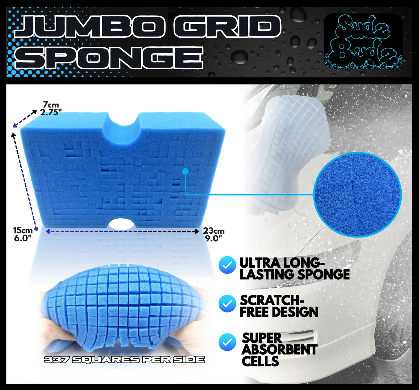 Sudz Budz® Premium Jumbo Foam Grid Car Wash Sponge 1pc | Anti-Marring Sponge for Soap and Rinseless Washing | Cross-Cut, Easy Grip, Large Sponge | Durable, Soft, Scratch-Free Car Cleaning and Detailing