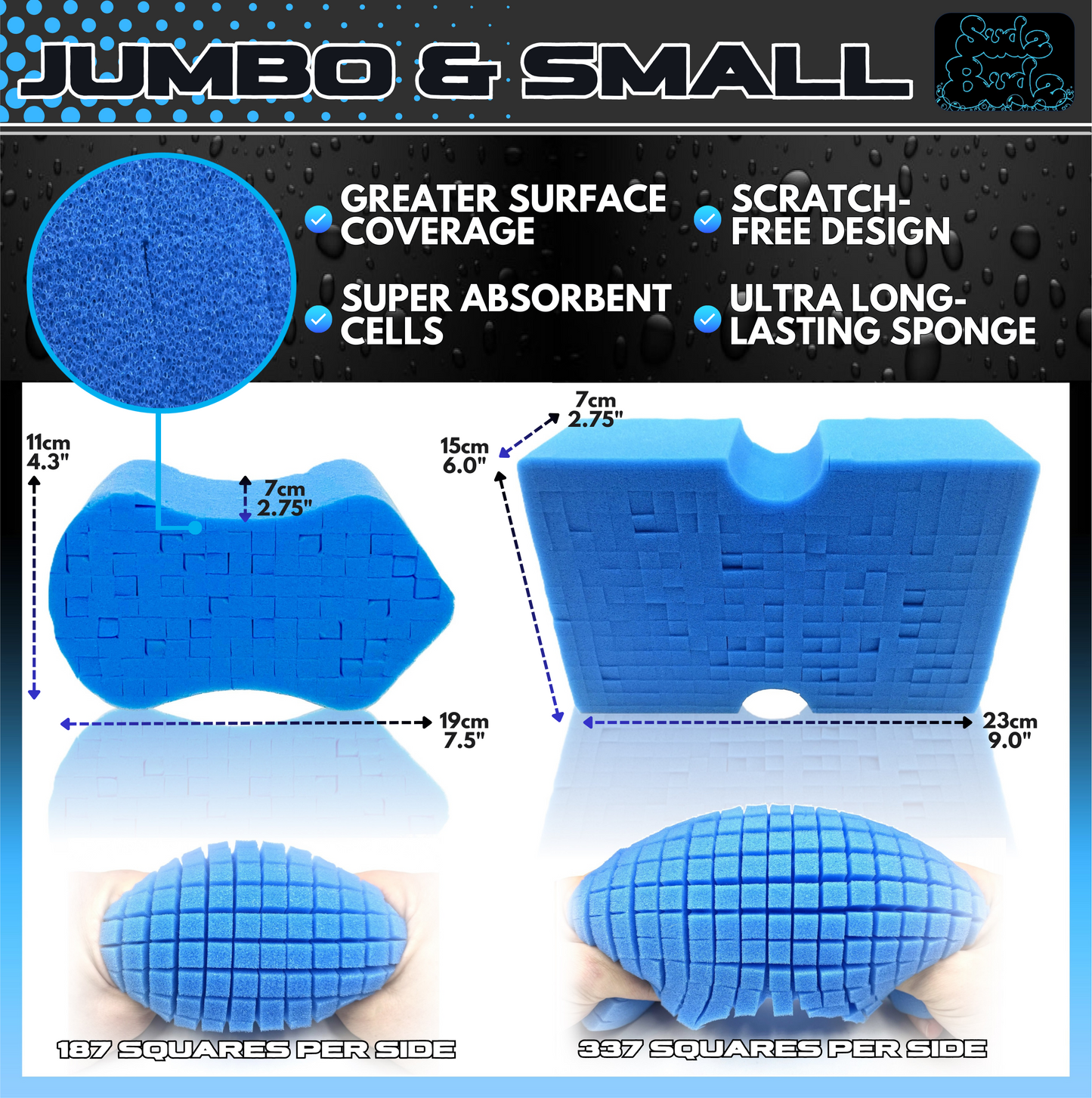 Sudz Budz® Premium Grid Car Wash Sponge 2pc Jumbo/Ergonomic | Anti-Marring Sponge for Soap and Rinseless Washing | Soft, Scratch-Free, Durable Foam | Cross-Cut, Ergonomic Sponges for Cleaning and Detailing