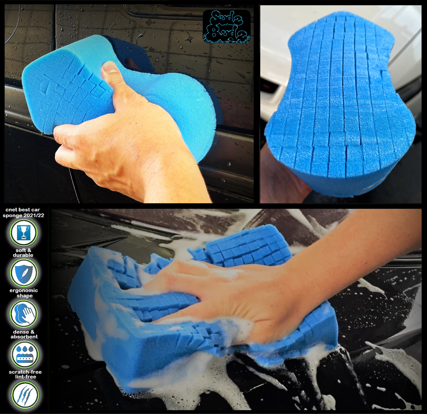Sudz Budz® Premium Grid Car Wash Sponge 2pc Jumbo/Ergonomic | Anti-Marring Sponge for Soap and Rinseless Washing | Soft, Scratch-Free, Durable Foam | Cross-Cut, Ergonomic Sponges for Cleaning and Detailing