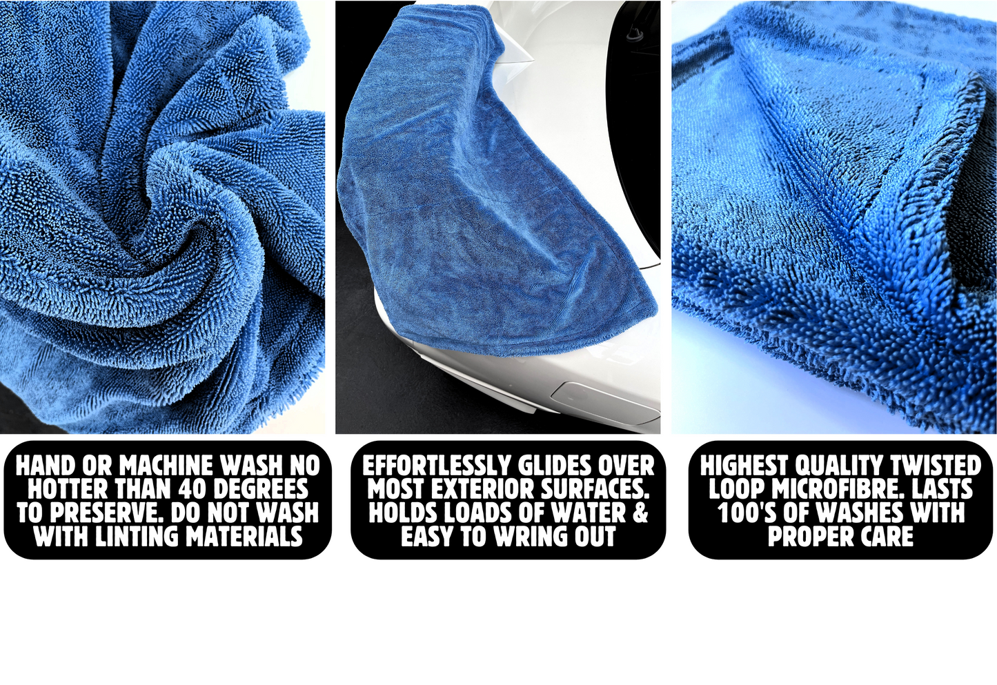 Sudz Budz® Premium Twisted Loop Microfibre Car Drying Towel XXL 1200GSM | 90 x 60cm Fast Streak-Free Drying, Ultra-Soft, Super Absorbent Cleaning Cloth | Thick, Dual-Sided, Edgeless, No Scratch Towel