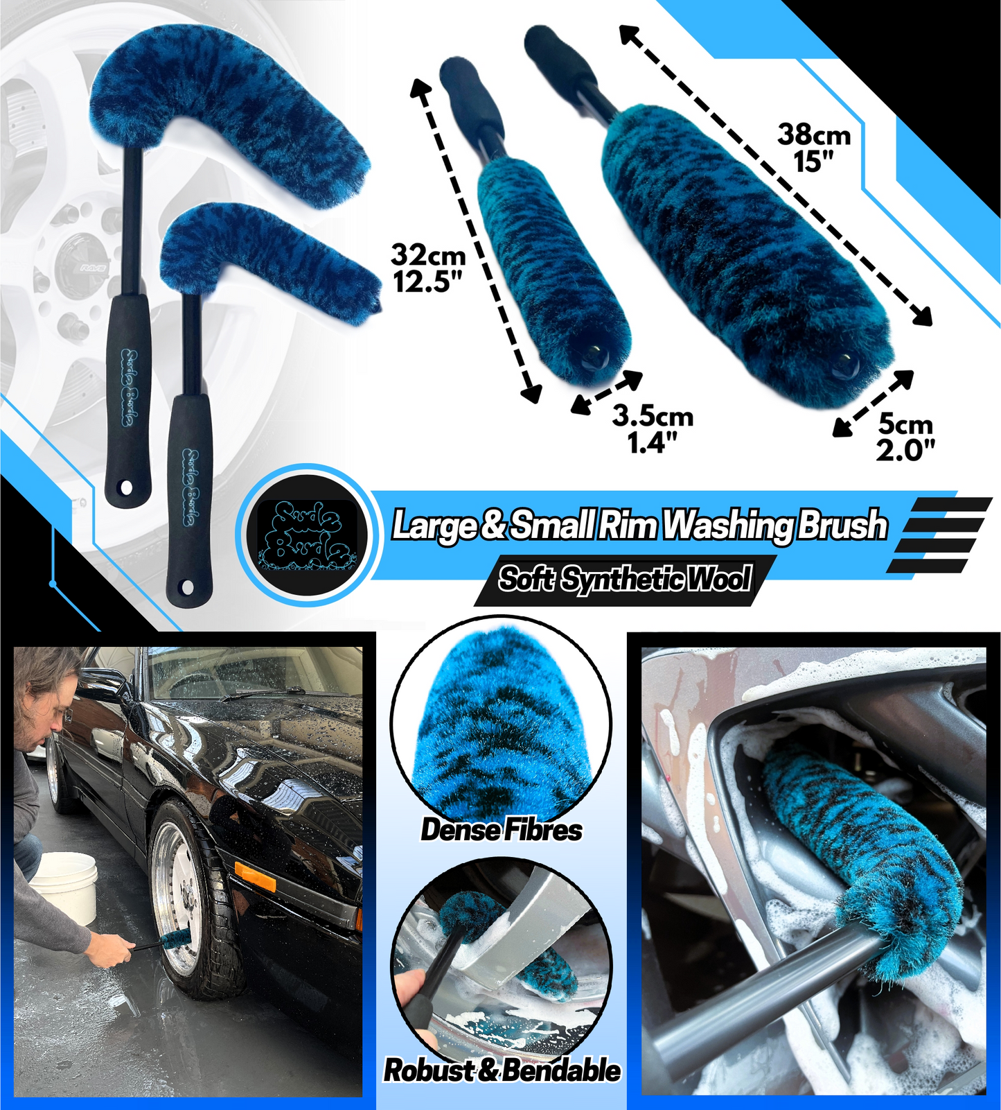 Sudz Budz® Deluxe Wheel Cleaning Set of 6 | No-Scratch, Bendable, Rim Washing Brushes Long/Short, Car Detailing and Tyre Brush, Shine Applicator, Plush Drying Towel. Easy Reach Kit to Detail Wheels