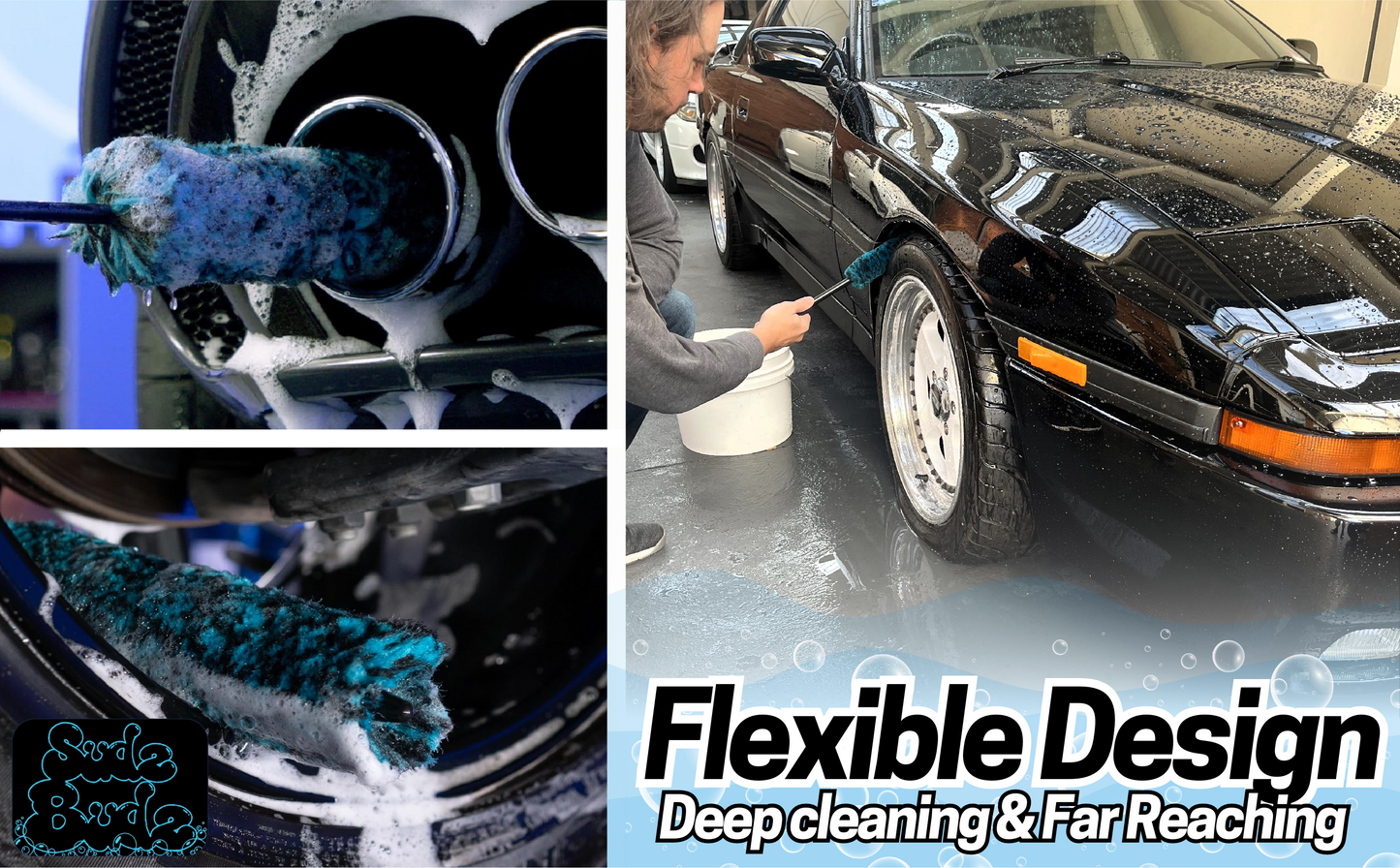 Sudz Budz® Deluxe Wheel Cleaning Set of 6 | No-Scratch, Bendable, Rim Washing Brushes Long/Short, Car Detailing and Tyre Brush, Shine Applicator, Plush Drying Towel. Easy Reach Kit to Detail Wheels
