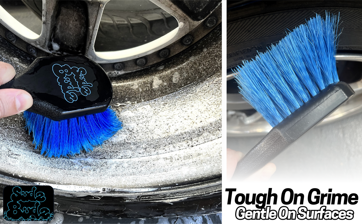 Sudz Budz® Deluxe Wheel Cleaning Set of 6 | No-Scratch, Bendable, Rim Washing Brushes Long/Short, Car Detailing and Tyre Brush, Shine Applicator, Plush Drying Towel. Easy Reach Kit to Detail Wheels