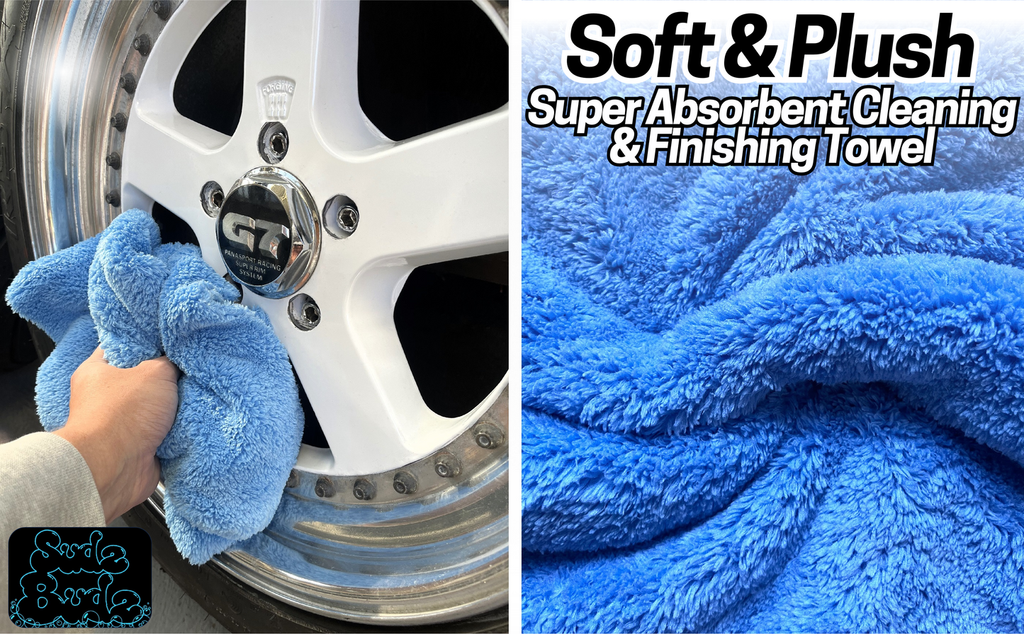 Sudz Budz® Deluxe Wheel Cleaning Set of 6 | No-Scratch, Bendable, Rim Washing Brushes Long/Short, Car Detailing and Tyre Brush, Shine Applicator, Plush Drying Towel. Easy Reach Kit to Detail Wheels