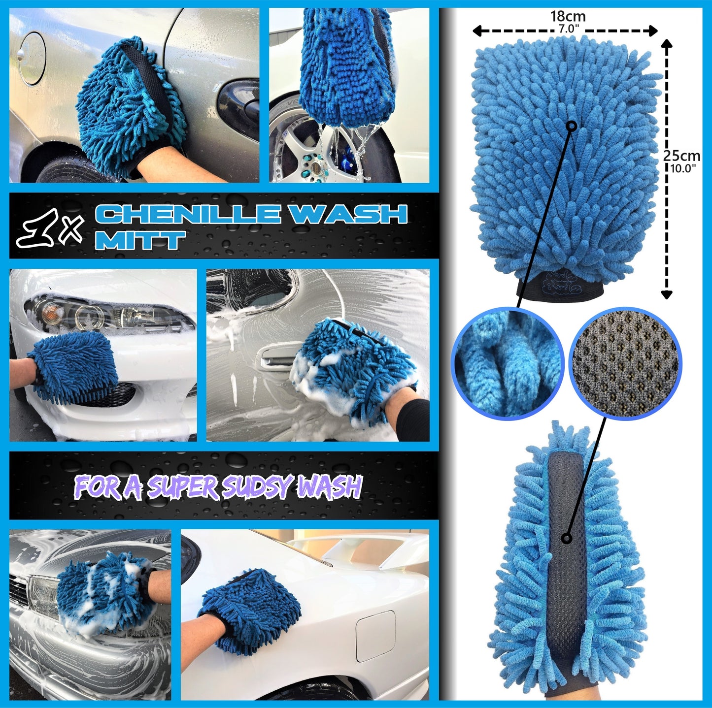 Sudz Budz® Premium Car Wash Kit 8pcs | Washing and Detailing Mitts, Microfibre Towels Set, Wheel Cleaning Brush, Detailing Brushes. Professional Detail Accessories for Exterior and Interior Car Care