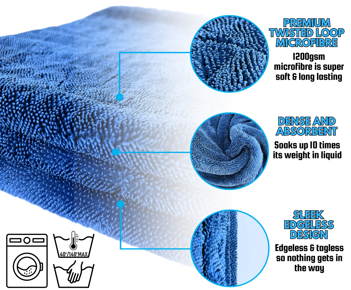 Sudz Budz® Premium Twisted Loop Microfibre Car Drying Towel XXL 1200GSM | 90 x 60cm Fast Streak-Free Drying, Ultra-Soft, Super Absorbent Cleaning Cloth | Thick, Dual-Sided, Edgeless, No Scratch Towel