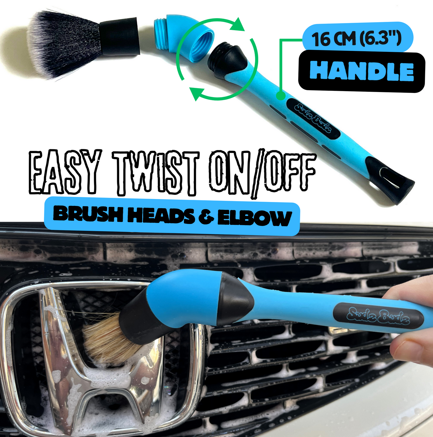 Sudz Budz® Car Detailing Brushes Set of 3 | Mixed Ultra-Soft Bristles, Changeable Brush Heads, Elbow Adapter | No Scratch Cleaning for Interior, Exterior, Dashboard, Engine Bay, Vents, Leather, Wheels