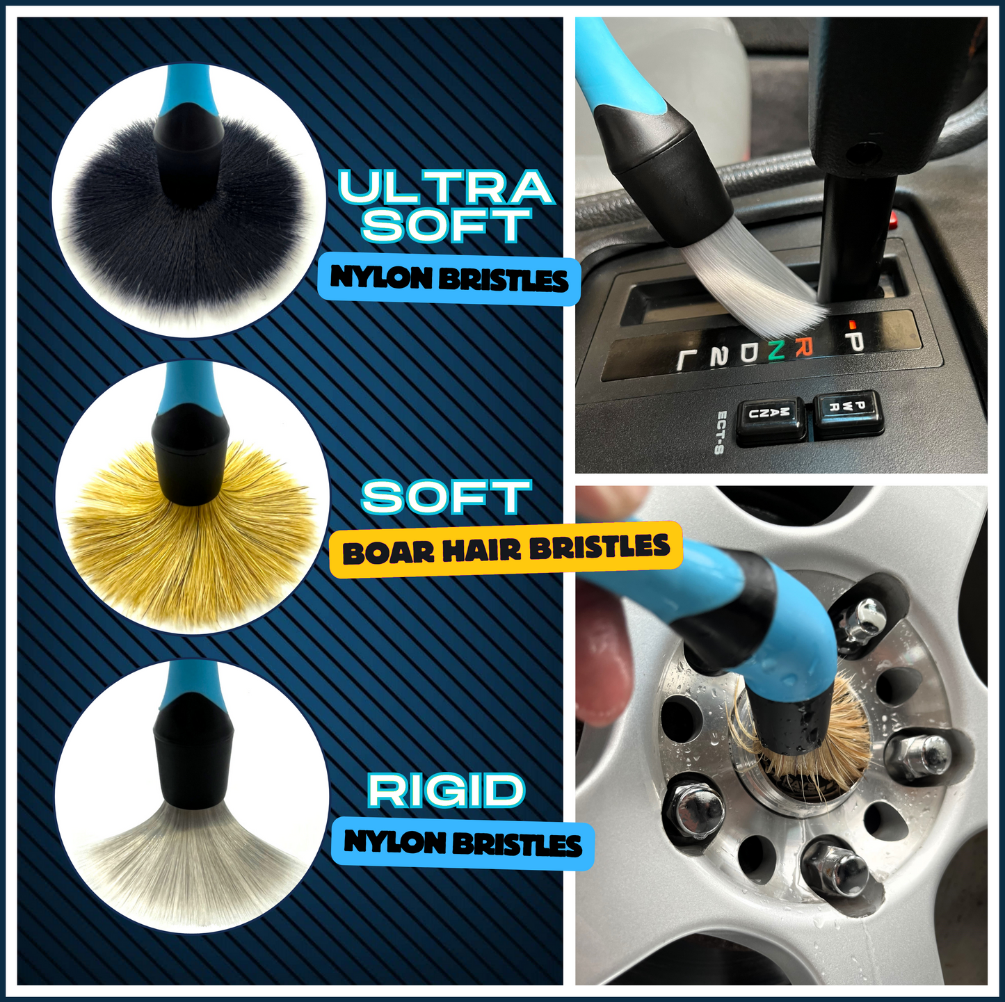 Sudz Budz® Car Detailing Brushes Set of 3 | Mixed Ultra-Soft Bristles, Changeable Brush Heads, Elbow Adapter | No Scratch Cleaning for Interior, Exterior, Dashboard, Engine Bay, Vents, Leather, Wheels