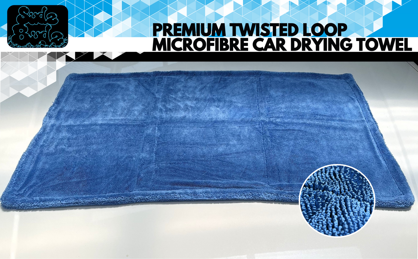 Sudz Budz® Premium Twisted Loop Microfibre Car Drying Towel XXL 1200GSM | 90 x 60cm Fast Streak-Free Drying, Ultra-Soft, Super Absorbent Cleaning Cloth | Thick, Dual-Sided, Edgeless, No Scratch Towel