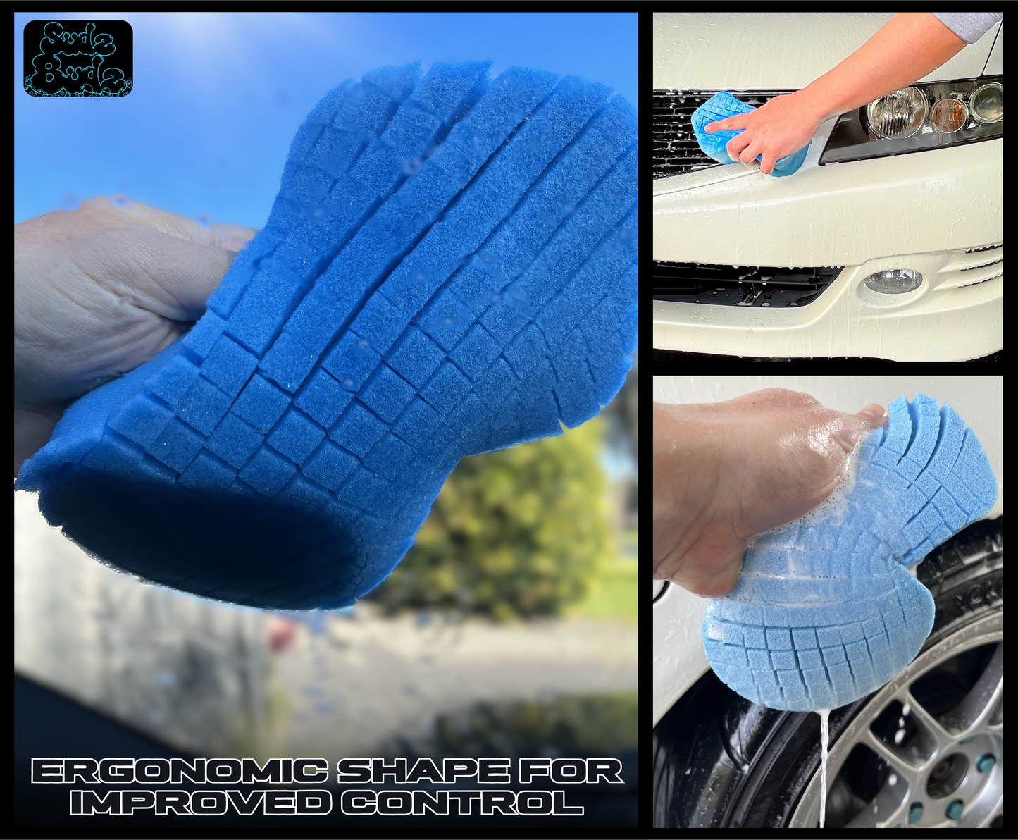 Sudz Budz® Premium Foam Ergonomic Grid Car Wash Sponge 1pc | Anti-Marring Sponge for Soap and Rinseless Washing | Cross-Cut, Easy Grip, Large Sponge. Durable, Soft, Scratch-Free Car Cleaning and Detailing